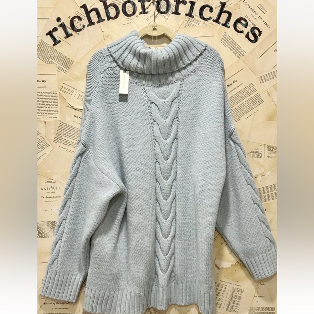 Anthropologie Pilcro Slouchy Cable Knit Turtleneck Sweater Sky Blue - Picture 6 of 6